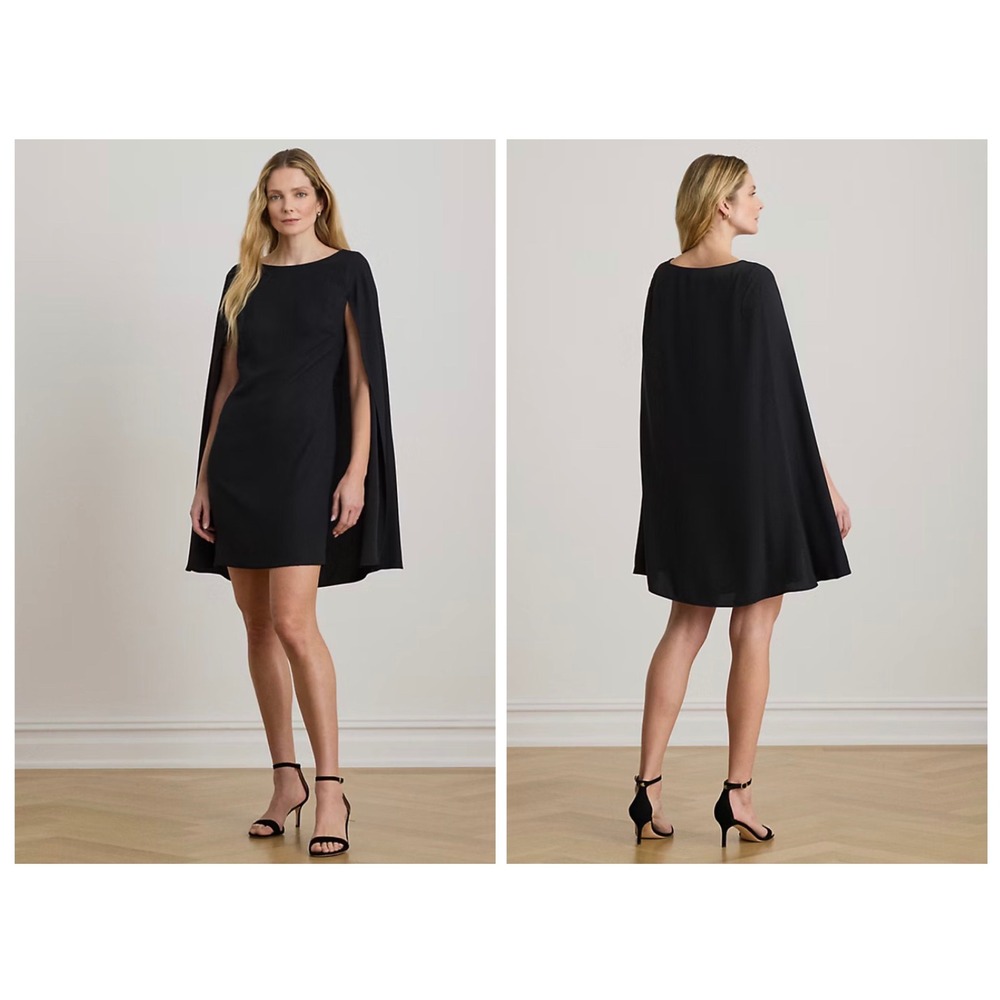 Lauren Ralph Lauren Black Cape Sleeve Shift Dress Cocktail Party Mini Size 6